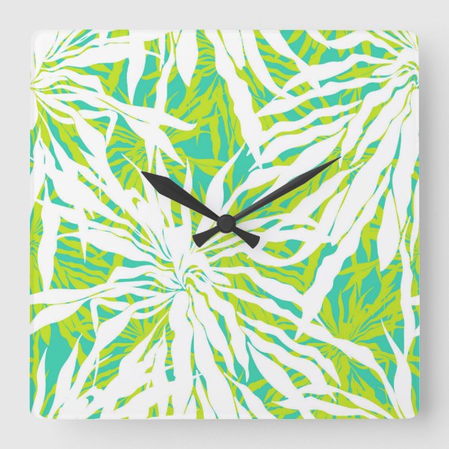 Tropical Palm Leaves Pattern Square Wall Clock (Front)