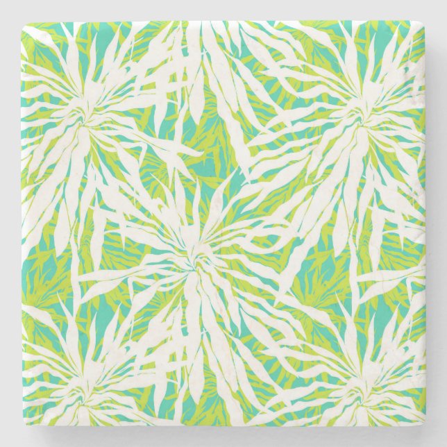 Tropical Palm Leaves Pattern Stone Coaster (Front)