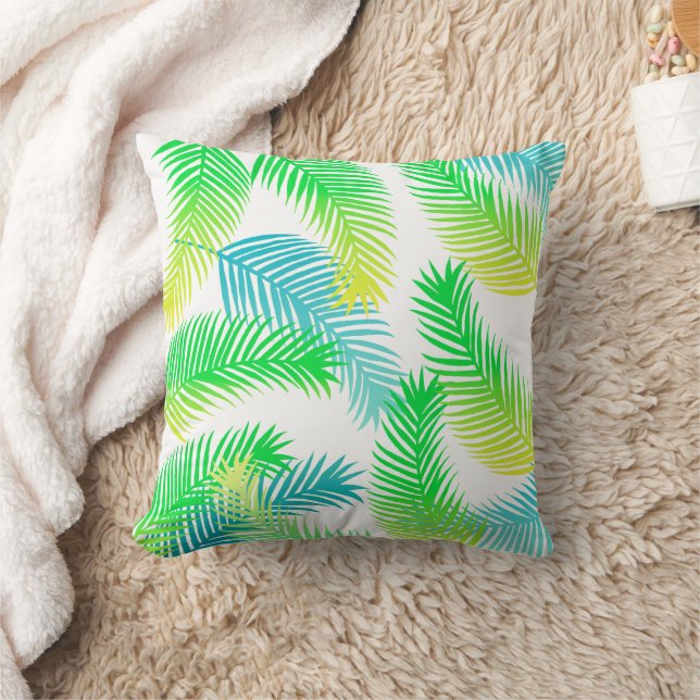 Tropical Palm Leaves Pattern Throw Pillow – Green  (Blanket)