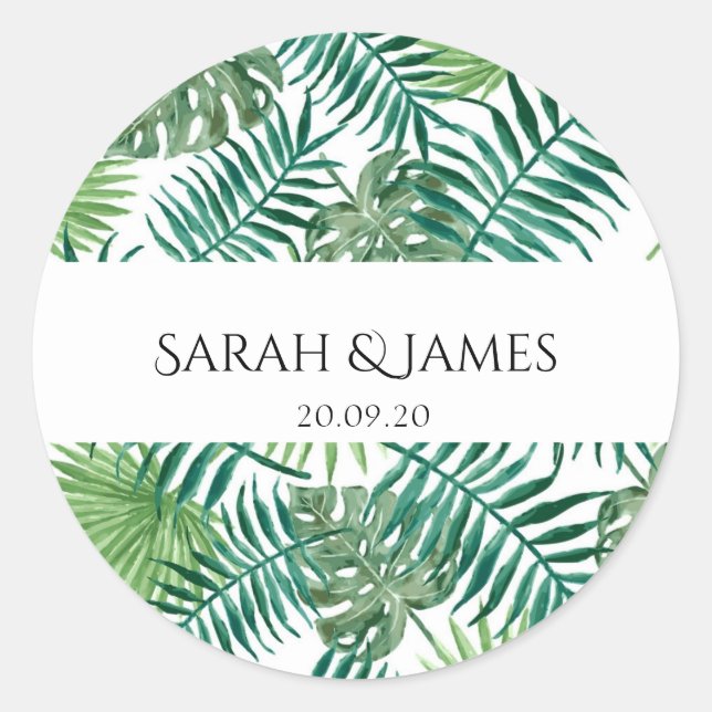 Tropical Palm Leaves Personalized Wedding Sticker (Front)