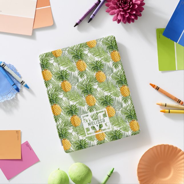 Tropical Palm Leaves & Pineapples | Add Your Name iPad Smart Cover (In Situ)