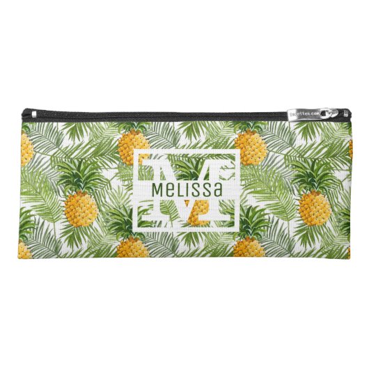 Tropical Palm Leaves & Pineapples | Add Your Name Pencil Case (Front)