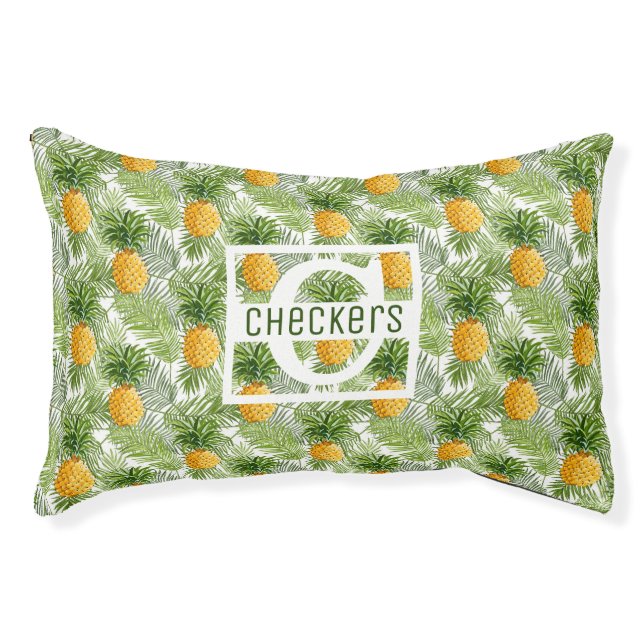 Tropical Palm Leaves & Pineapples | Add Your Name Pet Bed (Front)