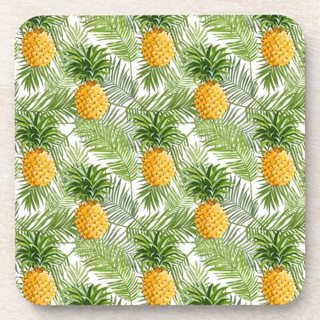 Tropical Palm Leaves & Pineapples Drink Coaster (Front)