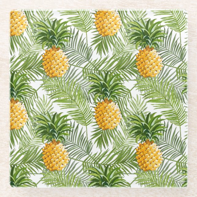 Tropical Palm Leaves & Pineapples Glass Coaster (Front)