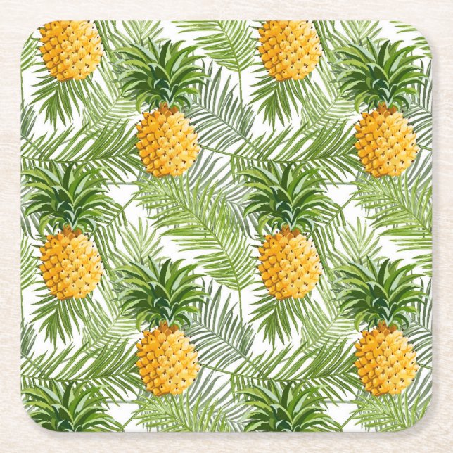 Tropical Palm Leaves & Pineapples Square Paper Coaster (Front)
