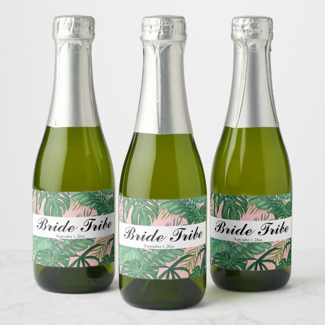 Tropical Palm Leaves Pink Bride Tribe Party Favor  Sparkling Wine Label (Bottles)