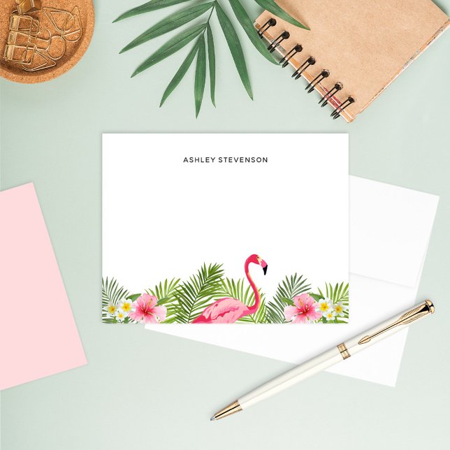 Tropical Palm Leaves Pink Flamingo Custom Name Note Card (Creator Uploaded)