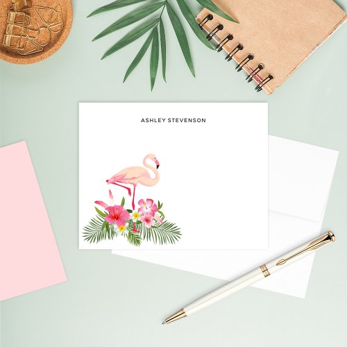 Tropical Palm Leaves Pink Flamingo Custom Name Note Card