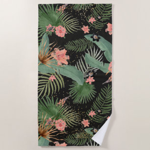 Tropical Palm Leaves Pink Floral Black Beach Towel
