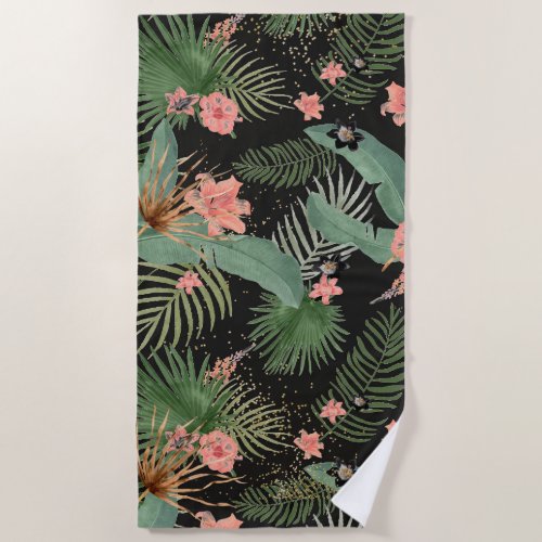 Tropical Palm Leaves Pink Floral Black  Beach Towel