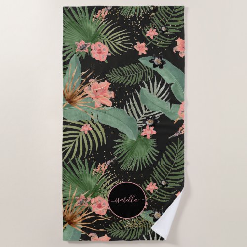 Tropical Palm Leaves Pink Floral Monogram Black Ba Beach Towel