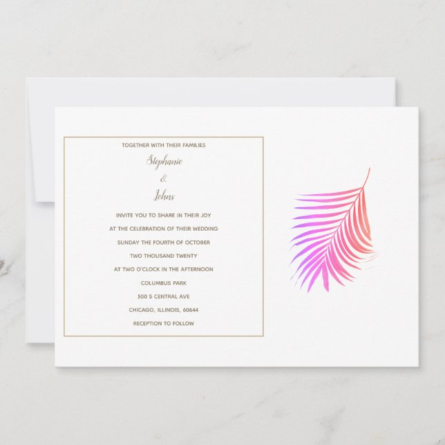 Tropical Palm Leaves Pink Gold Sepia Cool Wedding Invitation (Front)