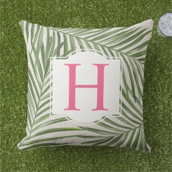 Tropical Palm Leaves Pink Monogram Outdoor Pillow by plushpillows at Zazzle