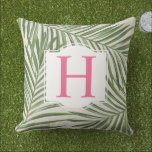 Tropical Palm Leaves Pink Monogram Outdoor Pillow<br><div class="desc">Tropical style pillow design features a green palm leaf pattern of layered fronds with subtle neutral linen style background. White decorative frame has a family monogram initial in bright pink (can be customized) that you can personalize with your last name initial.</div>