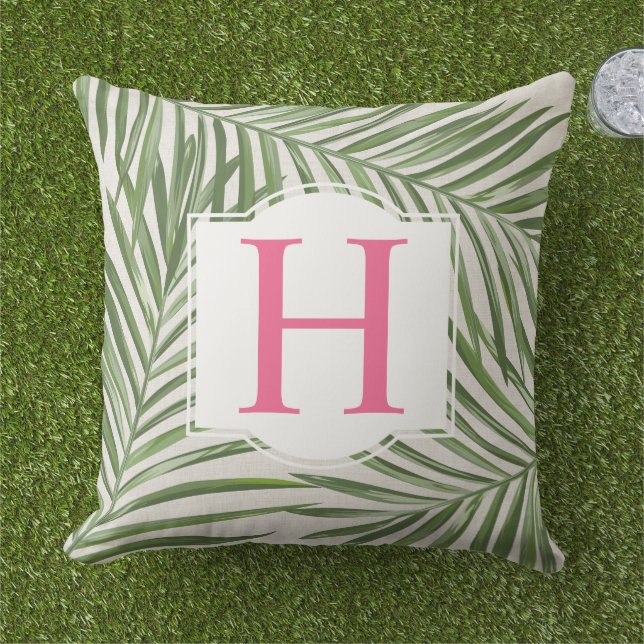 Tropical Palm Leaves Pink Monogram Outdoor Pillow (Grass)