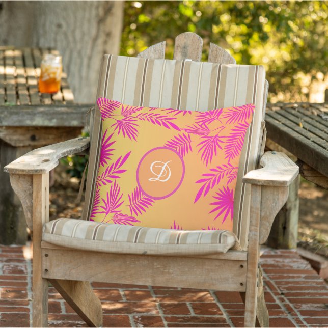 tropical palm leaves pink orange outdoor pillow (Chair)