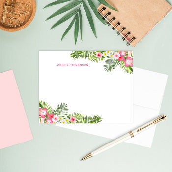 Tropical Palm Leaves Pink Personalized Name Summer Note Card by Plush_Paper at Zazzle