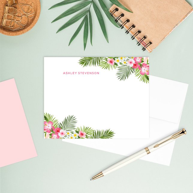 Tropical Palm Leaves Pink Personalized Name Summer Note Card (Creator Uploaded)