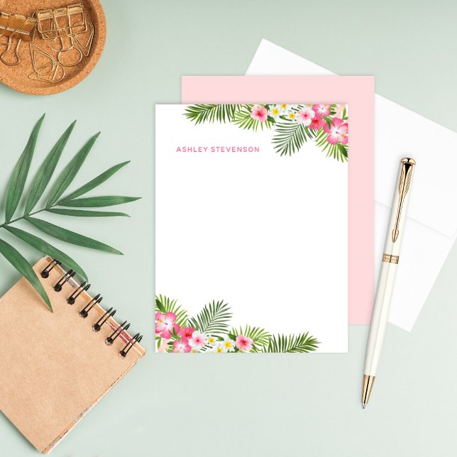 Tropical Palm Leaves Pink Personalized Name Summer Note Card (Creator Uploaded)