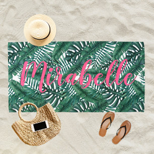Tropical Palm Leaves Pink Script Monogram Beach Towel