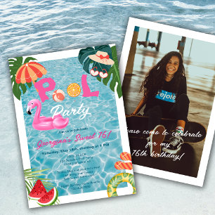 Tropical Palm Leaves Pool Party Sweet 16 Birthday Invitation