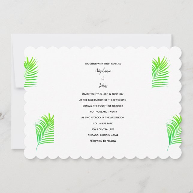 Tropical Palm Leaves Pretty Green White Wedding Invitation (Front)
