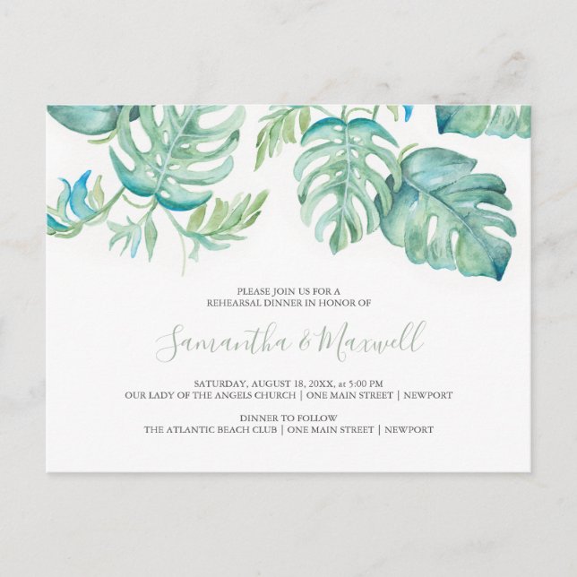 Tropical Palm Leaves Rehearsal Dinner Invitation Postcard (Front)
