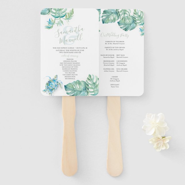 Tropical Palm Leaves Sea Turtle Wedding Hand Fan (Front and Back)