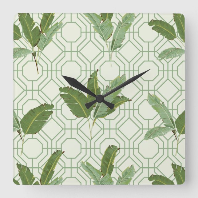 Tropical Palm Leaves Square Wall Clock (Front)