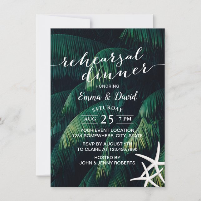 Tropical Palm Leaves Starfish Wedding Rehearsal Invitation (Front)