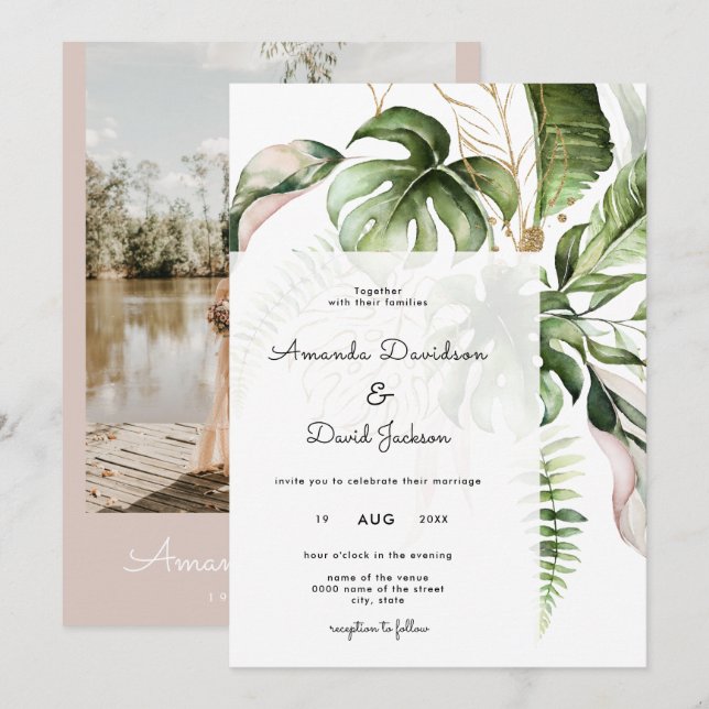 Tropical Palm Leaves Summer Modern Wedding Invitation (Front/Back)