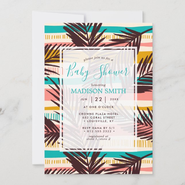 Tropical Palm Leaves Summer Stripes Baby Shower Invitation (Front)