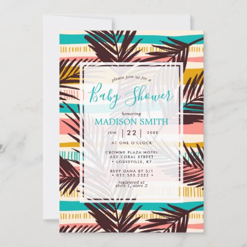 Tropical Palm Leaves Summer Stripes Baby Shower Invitation