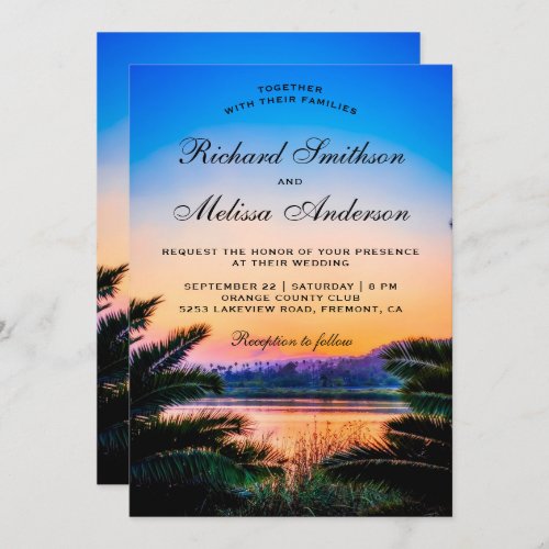 Tropical Palm Leaves Sunset Wedding Invitation