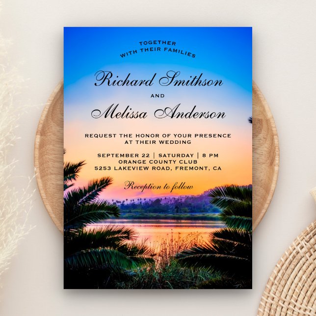 Tropical Palm Leaves Sunset Wedding Invitation (Creator Uploaded)