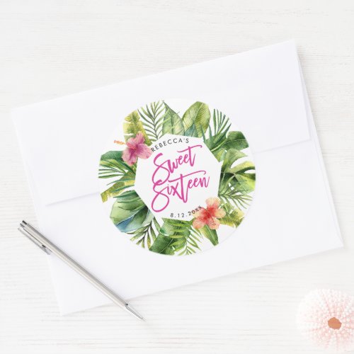 tropical palm leaves sweet 16 party sticker