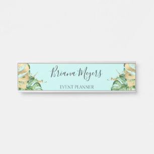 Tropical Palm Leaves Teal Business Door Sign