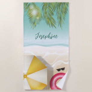 Tropical Palm Leaves Teal Ocean Sand Beach Waves Towel