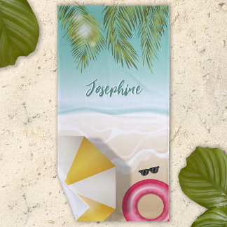 Tropical Palm Leaves Teal Ocean Sand Beach Waves Towel