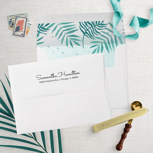 Tropical Palm Leaves Teal Watercolor Envelope