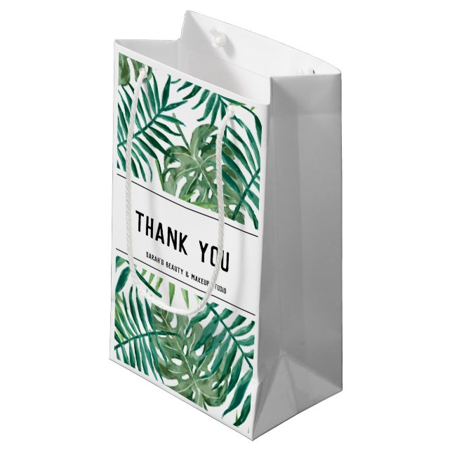 Tropical Palm Leaves Thank You Beauty Salon White  Small Gift Bag (Front Angled)