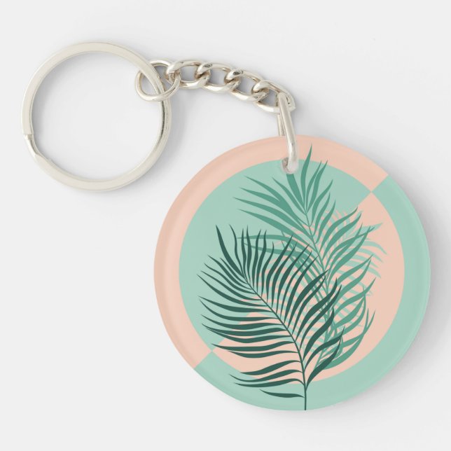 Tropical palm leaves (turquoise and blush) keychain (Front)