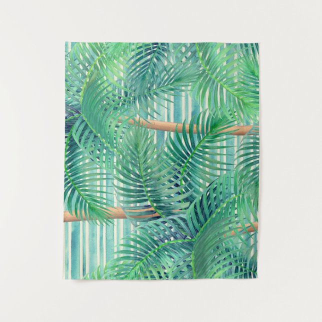 Tropical Palm Leaves Watercolor Art Tapestry (Front)