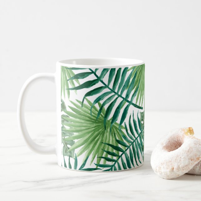 Tropical Palm Leaves Watercolor Coffee Mug (With Donut)