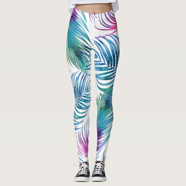Tropical palm leaves, watercolor floral pattern. leggings (Front)