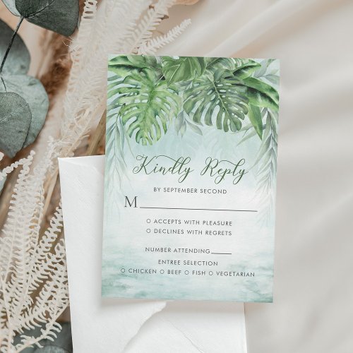 Tropical Palm Leaves Watercolor Greenery Wedding RSVP Card