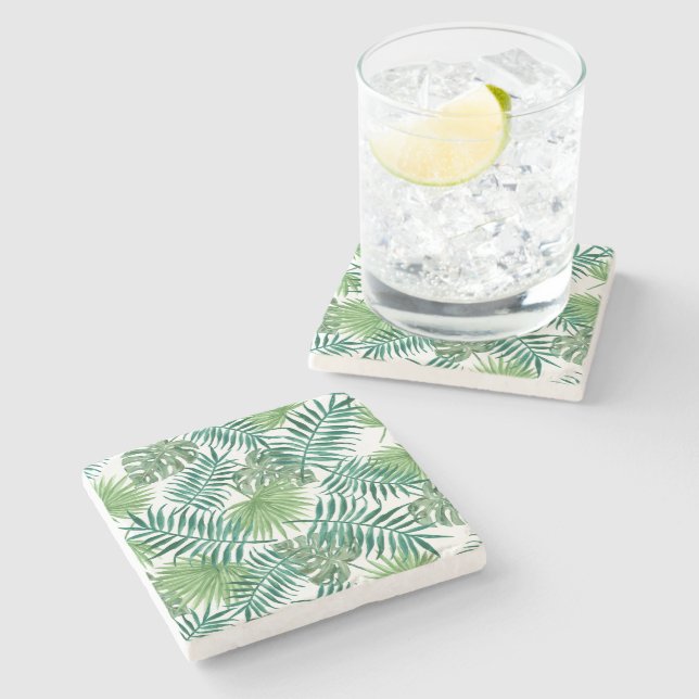 Tropical Palm Leaves Watercolor Stone Coaster (Side)