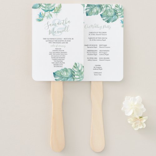 Tropical Palm Leaves Watercolor Wedding Hand Fan