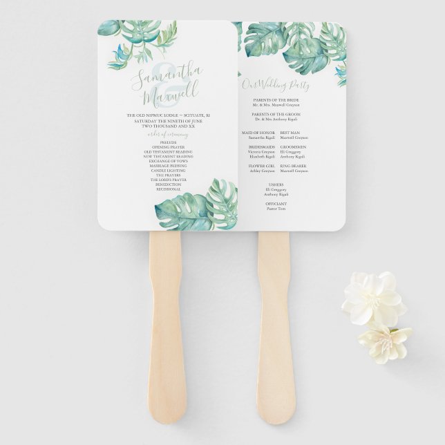 Tropical Palm Leaves Watercolor Wedding Hand Fan (Front and Back)